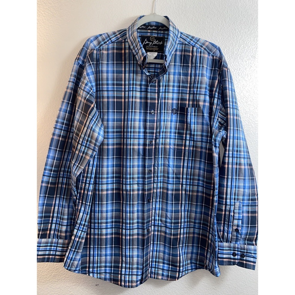 Wrangler George Strait Shirt Mens Blue Pink Plaid L/S Western Cowboy Large